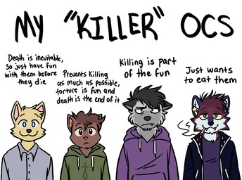 ambiguous_gender anthro black_clothing blue_eyes brown_body brown_eyes brown_fur cigarette clothing collared_shirt dress_shirt frown fur green_clothing grey_body grey_clothing grey_fur group hoodie purple_clothing red_body red_fur shirt smile text topwear yellow_body yellow_fur spudnikmutt pedro_miaou simon_(spudnikmutt) trigger_tone_(spudnikmutt) bird_dog canid canine canis domestic_cat domestic_dog felid feline felis german_shepherd golden_retriever herding_dog hunting_dog hybrid mammal pastoral_dog procyonid raccoon retriever wolf english_text trans_(lore) trans_man_(lore)