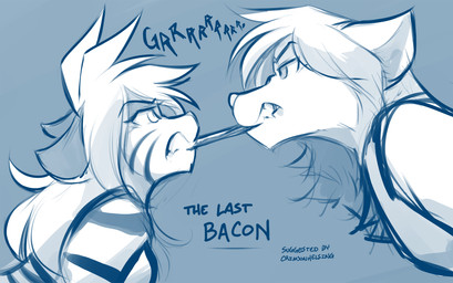 angry anthro bacon blue_background casual_nudity clenched_teeth clothed clothing duo ears_back face_to_face female fight food food_in_mouth fur growling meat nude object_in_mouth pivoted_ears sharp_teeth simple_background striped_body striped_fur stripes teeth tug_of_war conditional_dnp tom_fischbach twokinds flora_(twokinds) natani canid canine canis felid keidran mammal pantherine tiger wolf 2017 adobe_photoshop_(artwork) blue_and_white digital_media_(artwork) hi_res monochrome sketch trans_(lore) trans_man_(lore)
