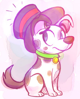 black_body black_fur black_nose black_spots collar eye_patch_(marking) facial_markings feral floppy_ears fur green_collar head_markings heterochromatic_ears magic_hat male markings patch_(marking) pink_inner_ear solo spots spotted_body spotted_fur white_body white_fur mistermarkers hasbro pound_puppies pound_puppies_(2010) patches_(pound_puppies) canid canine canis dalmatian domestic_dog mammal