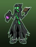 anthro beak belt book clothing coat drone gas_mask green_eyes holding_mask hood latex latex_clothing latex_skinsuit male mask plague_doctor rubber_clothing skinsuit solo spellbook tight_clothing topwear lettuce_(artist) tarot_(sigmaw) avian bird hi_res