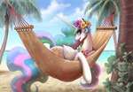 2023 beach blue_sky cloud cutie_mark equid equine female feral friendship_is_magic hair hammock hasbro hi_res hooves horn john_joseco lei long_hair looking_at_viewer mammal multicolored_hair multicolored_tail my_little_pony mythological_creature mythological_equine mythology open_mouth open_smile palm_tree plant princess_celestia_(mlp) purple_eyes sand seaside signature sky smile solo tail text tree url water winged_unicorn wings