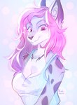 anthro blue_clothing blue_shirt blue_topwear breasts cleavage clothed clothing dipstick_ears ear_markings female fur grey_body grey_fur grey_inner_ear hair long_hair looking_at_viewer markings medium_breasts multicolored_ears pink_hair red_eyes shirt simple_background smile solo spaghetti_strap spots spotted_body spotted_fur teeth topwear white_body white_fur rakimou sinclair_delcatte felid mammal pantherine snow_leopard hi_res signature