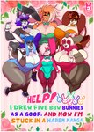 5_fingers anthro big_breasts blue_eyes blue_hair border bow_tie breasts brown_body brown_fur brown_hair bulge bunny_costume cleavage clothed clothing costume crossdressing curvy_figure eyebrows eyelashes eyewear female fingers footwear fur gesture glasses green_sclera group hair hair_bun hand_gesture hands_behind_head heart_symbol high_heels huge_breasts intersex larger_female long_hair looking_at_viewer male multicolored_body multicolored_fur multicolored_hair one_eye_closed open_mouth orange_body orange_fur overweight overweight_anthro overweight_female pink_body pink_fur pink_hair purple_eyes purple_hair shoes size_difference smaller_male teeth text thick_thighs two_tone_hair v_sign voluptuous white_body white_border white_fur white_hair wide_hips yellow_eyes mr.pink berri_(mr.pink) canela_(mr.pink) coco_(mr.pink) dulce_(mr.pink) pwink_(mr.pink) raspberry_(mr.pink) lagomorph leporid mammal rabbit english_text hi_res