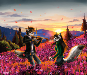 anthro bowed_string_instrument breasts clothed clothing countershading duo eyewear female flower fully_clothed glasses male musical_instrument pink_sky plant sky string_instrument sunset sweater tail topwear tree violin tatujapa lira_(tatujapa) vin_(tatujapa) canid canine canis fox mammal wolf absurd_res hi_res