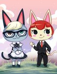 :3 afternoon anthro big_ears big_glasses big_head black_ears black_eyes black_nose black_tail blonde_hair bottomwear bow_tie butler clothed clothing cloud crossdressing dreamworks_smirk duo eyebrows eyelashes eyewear female femboy footwear frilly frilly_clothing frilly_gloves fur glasses gloves grass green_eyes grey_body grey_fur hair handwear heterochromia legwear looking_at_viewer looking_away maid_uniform male multicolored_eyes necktie orange_eyes outside pants pink_nose plant pose raised_arm raised_eyebrow red_hair rosy_cheeks shoes short_hair sky smile smug socks standing suit tail tan_body tan_ears tan_fur tan_tail tomboy toony uniform jennipaff animal_crossing nintendo felicity_(animal_crossing) raymond_(animal_crossing) domestic_cat felid feline felis mammal 2020 hi_res