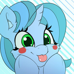 blep blinking blue_body blue_fur blue_hair blue_horn blush eyelashes female front_view fur green_eyes hair horn inner_ear_fluff looking_at_viewer pattern_background pink_tongue simple_background smile solo striped_background tongue tongue_out tuft unicorn_horn n0nnny hasbro my_little_pony mythology blue_puck fan_character equid equine mammal mythological_creature mythological_equine unicorn 1:1 2018 2d_animation animated animated_gif digital_media_(artwork) frame_by_frame headshot_portrait icon portrait short_playtime