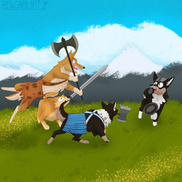 ambiguous_gender animal_skin armor axe battle_axe brown_body brown_fur clothing feral field fur group headgear headgear_only helmet helmet_only melee_weapon mountain object_in_mouth overalls shield sword sword_in_mouth weapon weapon_in_mouth white_body white_fur yellow_body yellow_fur jack-a-lappit canid canine canis domestic_dog mammal 1:1 2024 2025 digital_media_(artwork) hi_res
