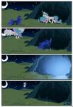 blue_body blue_fur blue_hair cave comic cutie_mark equid equine eyes_closed feathered_wings feathers female friendship_is_magic fur grass hair hasbro hi_res horn jewelry long_hair magic mammal moon multicolored_hair my_little_pony mythological_creature mythological_equine mythology necklace night outside plant princess_celestia_(mlp) princess_luna_(mlp) smile star timmowarner two_tone_hair white_body white_fur winged_unicorn wings