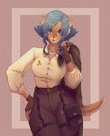 anthro biped blue_eyes blue_hair bottomwear clothed clothing dress_shirt female fingerless_gloves fully_clothed gloves hair hand_on_hip handwear holding_clothing holding_object inner_ear_fluff looking_at_viewer pants shirt simple_background solo standing topwear tuft onomari mitzi_(onomari) domestic_cat felid feline felis mammal 2021 digital_media_(artwork) hi_res shaded