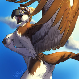 anthro beak black_nipples breast_squeeze breasts brown_body brown_feathers butt cloud eyewear eyewear_only feathered_wings feathers female fondling goggles holding_breast looking_back multicolored_body multicolored_feathers nipples non-mammal_breasts non-mammal_nipples nude open_beak open_mouth outdoor_nudity outside scuted_arms scutes self_fondle sky smile solo squeezing standing tail tail_feathers tongue two_tone_body two_tone_feathers white_body white_feathers wings yellow_eyes mabyn kwaza_(ozawk) accipitriform avian bird osprey 1:1 2022 hi_res