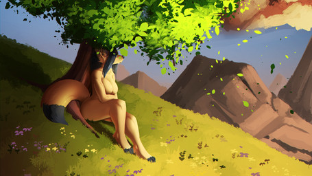against_natural_surface against_surface against_tree anthro biped black_body black_fur black_hair black_nose blue_eyes breast_rest breasts casual_nudity detailed_background dipstick_tail dutch_angle featureless_breasts feet female fingerless_(marking) fur grass hair landscape markings mountain nude plant sitting sky solo tail tail_markings toeless_(marking) tree wind yellow_body yellow_fur feretta fenavi_montaro canid canine fennec_fox fox mammal true_fox 16:9 digital_media_(artwork) hi_res widescreen herm_(lore)