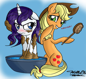 bath blonde_hair blue_eyes blush bowl brush clothing container cowboy_hat cutie_mark duo female feral green_eyes hair hat headgear headwear horn mud purple_hair snickering tail water wet wet_hair willisrisque friendship_is_magic hasbro my_little_pony mythology applejack_(mlp) rarity_(mlp) earth_pony equid equine horse mammal mythological_creature mythological_equine pony unicorn 2013 hi_res