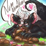 anthro black_body black_fur brown_feces dialogue eating eating_feces exhibitionism feces feces_in_mouth feces_in_own_mouth feces_on_body feces_on_face feces_on_ground feces_on_hand field flower fur grass hair happy heart_symbol holding_feces licking_feces lying male on_front open_mouth outside pink_body pink_skin plant purple_eyes scatplay short_hair smearing_feces solo touching_feces white_hair pileofbrookie curtain_(character) mammal mephitid skunk hi_res shaded