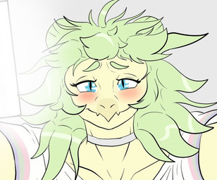 anthro blue_eyes blush choker countershading detailed_background female first_person_view green_body green_hair green_scales hair hair_bun jewelry lidded_eyes looking_at_viewer low-angle_view narrowed_eyes necklace perspective pupils scales slit_pupils smile solo worm's-eye_view fuegosonic93 cavemanon_studios goodbye_volcano_high ko_op_(game_developer) snoot_game stella_(gvh_beta) dinosaur ornithischian prehistoric_species reptile scalie stegosaurian stegosaurus thyreophoran colored