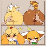 1:1 aggretsuko ailurid animal_crossing anthro anus bent_over big_butt blush border breasts butt canid canine canis cleavage clothed clothing domestic_dog female fingering genitals hi_res huge_butt ichduhernz isabelle_(animal_crossing) mammal nintendo orange_border pussy raised_tail red_panda retsuko sanrio shih_tzu tail thick_thighs toy_dog