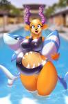 animal_pool_toy anthro belly big_belly bikini blue_eyes breasts camel_toe clothing cutout female holding_object holding_pool_toy horn inflatable legs_in_water looking_at_viewer nipple_outline one-piece_swimsuit open_mouth open_smile partially_submerged pool_toy pregnant sharkini smile solo standing standing_in_water submerged_legs swimwear thick_thighs two-piece_swimsuit water don_ko pear_(don_ko) antelope bovid gazelle inanimate_object mammal 2018 digital_media_(artwork) hi_res signature