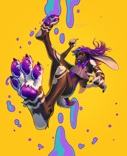anatomically_inaccurate anatomically_inaccurate_pawpads anthro blue_hair brown_body brown_fur clothed clothing eyelashes female floppy_ears fur hair long_hair looking_at_viewer mouth_closed multicolored_hair pawpads pink_eyes purple_hair purple_pawpads simple_background solo text two_tone_hair white_body white_fur yellow_background marie_merkh lagomorph leporid mammal rabbit absurd_res artist_name hi_res
