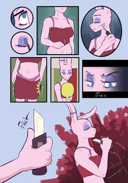 anthro applying_makeup breasts clothed clothing dressing ear_piercing female knife makeup personal_grooming piercing solo topwear underwear lost_andsafe halcyon_(series) sunflower_(halcyon) lagomorph leporid mammal rabbit 2025 absurd_res comic digital_media_(artwork) hi_res