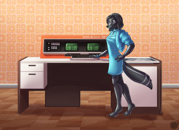 anthro biped black_body black_hair blue_clothing clothed clothed_anthro clothed_female clothing computer electronics eyewear female glasses hair inside latex latex_body latex_clothing solo tail vintage_computer wearing_glasses valyce_negative sperry_corporation univac_(computer) lily_ingersoll canid canine canis domestic_dog hunting_dog latex_creature living_latex mammal saluki sighthound hi_res nonbinary_(lore)