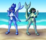 anthro beach big_breasts blue_body blue_eyes blue_hair breasts duo eyewear female female/female fin fish_tail genitals green_body green_eyes green_hair hair public public_nudity pussy sandels sea seaside sunglasses water sprucy holly(sprucy) fish mackerel marine scombrid scombriform hi_res