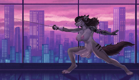 anthro areola balls big_breasts big_penis breasts building casual_erection casual_nudity city cityscape clothing epee_(sword) erection feet fencing fingers foreskin fur genitals glistening glistening_genitalia glistening_penis gloves gynomorph hair handwear holding_melee_weapon holding_object holding_sword holding_weapon humanoid_genitalia humanoid_penis intersex melee_weapon nipples nude partially_retracted_foreskin penis prosthetic prosthetic_arm prosthetic_limb sky smile solo spread_legs spreading standing sword tail toes weapon window fjollettigeren riley_black_(kaiblackfang) canid canine canis mammal wolf digital_media_(artwork) hi_res nonbinary_(lore)