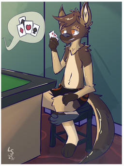 anthro brown_body brown_fur brown_hair card clothed clothing eye_scar facial_scar fluffy full_foot_pawpads full_pad fur gambling grey_pawpads grey_soles hair male orange_eyes pawpads paws plantigrade playing_card poker scar strip_poker tail tan_body tan_fur underwear underwear_only undressing lavakey_(artist) ra'zim gulonine hybrid kangaroo macropod mammal marsupial marten mustelid musteline sable_(marten) 2025 3:4 hi_res