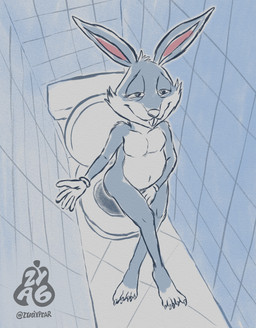 anthro covering covering_crotch male sitting solo toilet zyasixpear looney_tunes warner_brothers bugs_bunny hare lagomorph leporid mammal rabbit absurd_res hi_res sketch