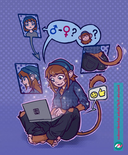 anthro beanie blue_eyes bottomwear butt clothing computer crossgender directional_arrow ear_growth electronics emoji female fur fur_growth gender_symbol gender_transformation gesture growth hair hair_growth hand_gesture hat headgear headwear holding_object jacket laptop laptop_on_lap male motion_lines mtf_crossgender mtf_transformation pants question_mark screen_glow sitting sitting_on_ground smile solo sparkles species_transformation speech_bubble stated_gender symbol tail thumbs_up topwear transformation 1bit-deviant haplorhine human mammal monkey primate hi_res