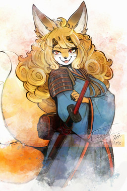 2_tails anthro asian_clothing asian_sword clothed clothed_anthro clothed_female clothing female large_hair looking_at_viewer mischievous_smile multi_tail open_mouth open_smile role-playing_game scabbard sheathed_sword smile smiling_at_viewer solo tail teeth_showing text whiskers thwillartz paizo pathfinder canid canine fox mammal 2:3 artist_name hi_res signature