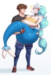 bell bell_collar big_breasts blush breasts bridal_carry busty_feral carrying_another clothed clothing collar duo eyebrows eyes_closed female feral fingers footwear hair happy male male/female open_mouth shoes simple_background smile white_background gammainks nintendo pokemon generation_7_pokemon human mammal pokemon_(species) primarina 2024 absurd_res artist_name digital_media_(artwork) hi_res