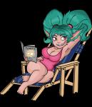 alternate_costume big_breasts breasts chair female front_view furniture green_hair hair lounge_chair lounging pigtails reading short_stack solo wide_hips log_draws league_of_legends riot_games tencent heimerdinger_(lol) lollipoppy_(lol) poppy_(lol) yordle absurd_res alpha_channel digital_media_(artwork) full-length_portrait hi_res portrait