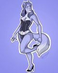 anthro biped blue_background blue_body blue_eyes blue_fur blue_hair breasts clothed clothing corset female fluffy fluffy_tail footwear fur hair high_heels latex lingerie looking_down one_leg_up raised_leg shoes simple_background solo tail topwear angrboda canid canine fox mammal 4:5 blue_theme