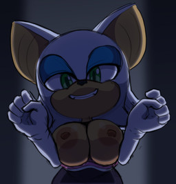 5_fingers anthro areola armwear breasts clothing elbow_gloves eyeshadow female fingers fur gloves green_eyes half-closed_eyes handwear looking_at_viewer makeup narrowed_eyes nipples simple_background smile solo tan_body tan_skin white_body white_fur kerbaru third-party_edit goldsden_(colorist) sega sonic_the_hedgehog_(series) rouge_the_bat bat mammal hi_res