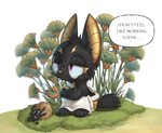 anthro black_body black_fur clothed clothing dung_ball feral fully_clothed fur hand_on_head male plant purple_eyes sitting solo text thought_bubble yellow_body yellow_fur silverfox5213 egyptian_mythology middle_eastern_mythology mythology anubis anubian_jackal arthropod beetle canid canine canis deity dung_beetle insect jackal mammal scarabaeid 2025 english_text url