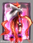 anthro armor back_tuft big_breasts big_butt body_armor breasts bright_background bright_colors bright_light butt butt_grab cross_pupils exhibitionism female fur fur_markings hand_on_butt markings orange_body orange_fur red_eyes side_boob solo tuft uddragoon bandai_namco digimon digimon_(species) felid feline mammal meicrackmon_vicious_mode hi_res watermark