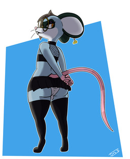 alternative_fashion anthro big_butt big_ears bottomwear brown_hair bulge bulge_from_behind butt clothed clothing ear_chain ear_piercing ear_ring eyewear femboy glasses goth grey_body hair looking_back low-angle_view male midriff piercing ring_piercing round_glasses skirt solo standing thick_thighs upskirt cansinodx rd_(cansinodx) mammal mouse murid murine rodent