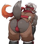 anthro asian_clothing blush brown_body brown_fur bulge butt clothing east_asian_clothing fundoshi fur japanese_clothing kemono looking_at_viewer looking_back male open_crotch presenting rear_view red_clothing red_fundoshi red_underwear solo underwear ssu_open lifewonders tokyo_afterschool_summoners tadatomo_(tas) canid canine canis domestic_dog mammal 2023 absurd_res hi_res