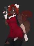 anthro black_clothing black_legwear breasts brown_body brown_fur clothed clothing collar dress eyelashes female folded_ears fully_clothed fur grey_background gun hair handgun holding_gun holding_handgun holding_object holding_pistol holding_ranged_weapon holding_weapon legwear orange_hair pink_nose pistol ranged_weapon red_clothing red_dress simple_background solo torn_clothing torn_legwear weapon bulochka capcom resident_evil ada_wong callie_(gunn3r916) canid canine canis domestic_dog mammal 2021 digital_media_(artwork) hi_res portrait shaded three-quarter_portrait