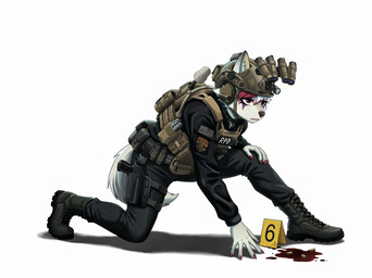 anthro armor blood blood_on_ground bodily_fluids boots bottomwear bullet_casing bulletproof_vest clothing combat_boots footwear fur gun hair handgun headgear helmet holstered_pistol long_sleeve_shirt male night_vision_goggles pants pink_hair pistol ranged_weapon red_eyes shoes solo tail weapon white_body white_fur white_hair kawasakiwind capcom resident_evil mikhail_(kawasakiwind) canid canine mammal absurd_res hi_res trans_(lore)
