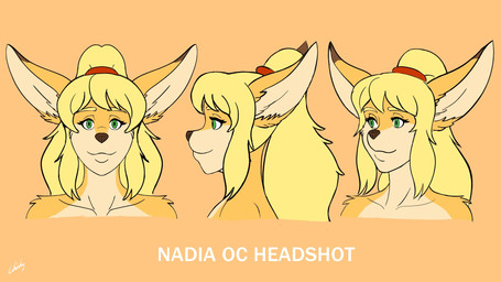 anthro blonde_hair ears_up eyebrows eyelashes female fur green_eyes hair looking_at_viewer smile smiling_at_viewer solo text yellow_body yellow_fur chisheq nadia_(chisheq) 2023 headshot_portrait hi_res portrait