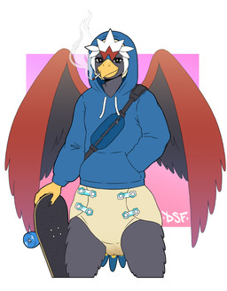 abstract_background anthro back_wings bag beak black_claws black_eyeliner black_eyes black_finger_claws black_makeup black_straps black_talons blue_bag blue_cere blue_clothing blue_diaper_fastener blue_fastener blue_hoodie blue_tail blue_tail_feathers blue_tail_tip blue_topwear bulging_diaper cere_(anatomy) chest_bag cigarette cigarette_in_mouth cigarrete claws cloth_diaper clothed clothing diaper diaper_bulge diaper_fastener diaper_fetish diaper_use dipstick_tail drawstring drawstring_clothing drawstring_hoodie drawstring_topwear eyelashes eyeliner fan_tail fastener feather_hair feather_tuft feathered_crest feathered_wings feathers feces finger_claws front_view glistening glistening_beak glistening_eyes gradient_background grey_body grey_crotch grey_face grey_feathers grey_legs grey_wings hand_in_pocket head_crest holding_object holding_skateboard hood_up hoodie humanoid_hands laid_back lit_cigarette logo makeup male markings multicolored_body multicolored_feathers multicolored_tail multicolored_tail_feathers object_in_mouth pink_background pockets pokemorph pseudo_hair purple_background red_body red_feathered_crest red_feathers red_tail red_tail_feathers red_wings simple_background skateboard smoke smoking smoking_cigarette soiled_diaper solo tail tail_feathers tail_markings talon_hands tan_cloth_diaper tan_feather_hair topwear tuft unclean_diaper used_diaper vehicle wearing_diaper white_background white_diaper_fastener white_drawstring white_fastener white_feathered_crest wings yellow_beak yellow_hands yellow_tail yellow_tail_feathers darksidefighter nintendo pokemon fan_character nado_soarian accipitrid accipitriform avian bird braviary eagle generation_5_pokemon pokemon_(species) artist_logo digital_drawing_(artwork) digital_media_(artwork) hi_res portrait three-quarter_portrait