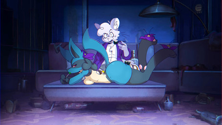 anthro big_butt blue_body blue_fur breasts butt candy chopsticks clothing coffee_table dessert duo female flower fluffy fluffy_hair food fur hair living_room lollipop looking_back lying male on_front plant purple_body purple_fur red_eyes robe sushi tail thick_thighs yellow_body yellow_fur perezstart53 nintendo pokemon rayman_eating_sushi chinchilla chinchillid generation_4_pokemon lucario mammal pokemon_(species) rodent 16:9 4k absurd_res hi_res widescreen