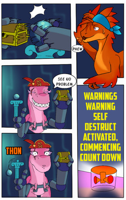 border dialogue duo eye_scar facial_scar feather_claw female feral kerchief male orange_body pink_body pirate pirate_hat rexa robotic_arm scar text white_border pantyking dinosaur prehistoric_species reptile scalie comic english_text