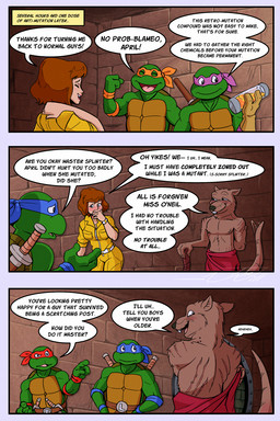 anthro blush claw_marks clothed clothing dialogue female group male master partially_clothed scratches smile tail tail_motion tailwag text yellow_clothing thewill teenage_mutant_ninja_turtles april_o'neil donatello_(tmnt) leonardo_(tmnt) master_splinter michelangelo_(tmnt) raphael_(tmnt) brown_rat human mammal murid murine rat reptile rodent scalie turtle 2:3 comic english_text hi_res