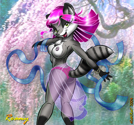 anthro bangle black_nose breasts chest_tuft clothed clothing dancing female fur green_eyes grey_body grey_fur hair jewelry long_hair looking_at_viewer markings nipples open_mouth panties pink_hair ring_(marking) ringed_tail skimpy solo striped_markings striped_tail stripes tail tail_markings topless translucent translucent_clothing tuft underwear labrat7 roamy mammal procyonid raccoon 2004