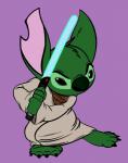 4_fingers 4_toes black_eyes clothed clothing feet fingers fur green_body green_fur green_lightsaber green_nose head_tuft holding_object holding_weapon lightsaber melee_weapon notched_ear parody purple_background robe simple_background solo toes tuft weapon duckboy disney lilo_and_stitch star_wars stitch_(lilo_and_stitch) yoda alien experiment_(lilo_and_stitch) 2014 absurd_res crossover digital_drawing_(artwork) digital_media_(artwork) flat_colors hi_res