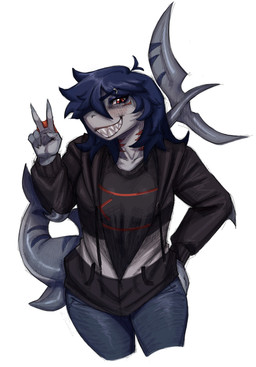 5_fingers anthro big_tail blue_eyeshadow blue_hair blush bottomwear claws clothing denim denim_bottomwear denim_clothing eyelashes eyeshadow female fin finger_claws fingers gesture grey_body grey_scales hair hair_over_eye hand_gesture hoodie jeans long_tail looking_at_viewer makeup one_eye_obstructed pants red_eyes scales sharp_teeth simple_background smile solo tail tail_fin teeth text topwear v_sign white_background tendocake valerie_(mellowcapsaicin) aquatic fish mackerel_shark megalodon prehistoric_species shark 2025 absurd_res artist_name digital_drawing_(artwork) digital_media_(artwork) hi_res signature