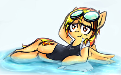bedroom_eyes clothed clothing cutie_mark eyelashes eyewear eyewear_on_head female goggles goggles_on_head hair looking_at_viewer narrowed_eyes navel navel_outline one-piece_swimsuit open_clothing open_shirt open_topwear orange_eyes partially_submerged school_swimsuit seductive semi-anthro shirt simple_background solo swimming_goggles swimwear tan_body topwear water wet_hair white_background wings jetwave friendship_is_magic hasbro my_little_pony mythology spitfire_(mlp) wonderbolts_(mlp) equid equine mammal mythological_creature mythological_equine pegasus 2015 absurd_res digital_media_(artwork) digital_painting_(artwork) hi_res painting_(artwork)