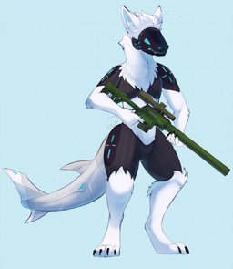 anthro belly blue_eyes claws digitigrade fur gun holding_object holding_weapon machine male metal_tail pawpads protogen_visor ranged_weapon rifle simple_background sniper_rifle solo tail weapon white_belly white_body white_ears white_fur kitmurade yuffka_(character) protogen hi_res signature