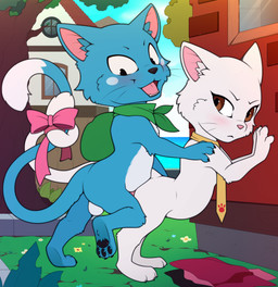 accessory anthro backsack bag balls black_eyes blue_body blue_fur blush blush_stickers bow_ribbon brick brick_wall brown_eyes building butt dipstick_tail duo entwined_tails female flower from_behind_position fur furgonomics genitals grass house male male/female markings mostly_nude necktie necktie_only open_mouth outside outside_sex pawpads penetration penis plant raised_tail ribbons sex standing standing_doggystyle standing_sex tail tail_accessory tail_bow tail_coil tail_markings tail_ribbon tree wall_(structure) white_body white_fur white_markings window meraence fairy_tail charle_(fairy_tail) happy_(fairy_tail) domestic_cat exceed felid feline felis mammal 2025 hi_res